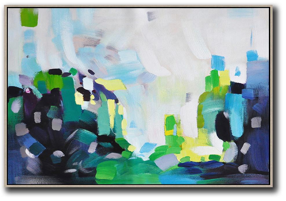 Abstract Painting Extra Large Canvas Art,Oversized Horizontal Contemporary Art,Extra Large Artwork,White,Grey,Blue,Green.etc